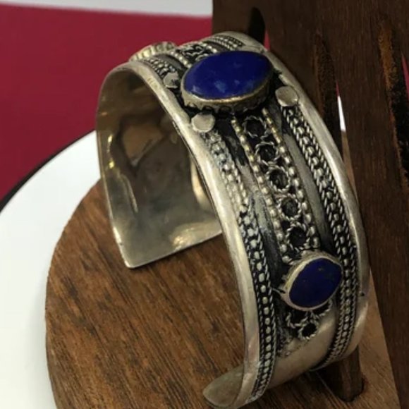 Single Vintage Kuchi Cuff Bracelet: Tribal Turquoise & Lapis Boho Jewelry - Picture 2 of 8